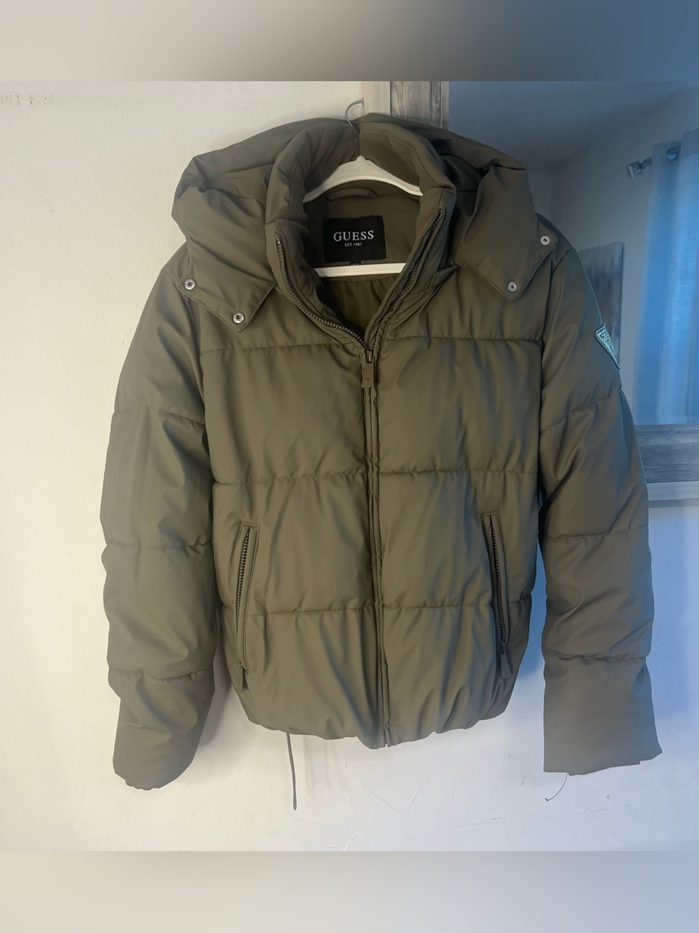 GUESS Olive Green Quilted Puffer Jacket with Hood